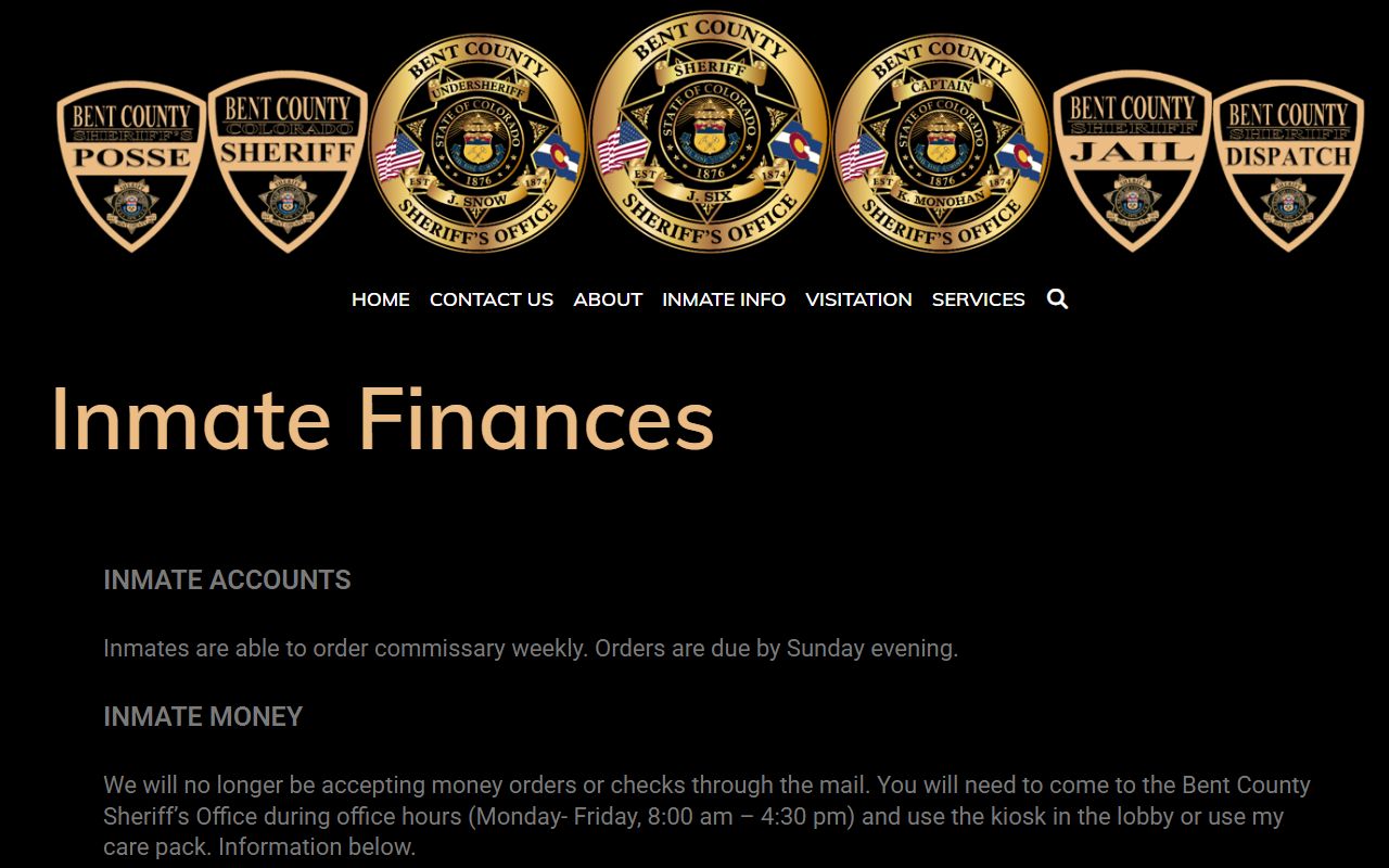 Bent County Jail inmate money and commissary rules for Kiowa County detainees